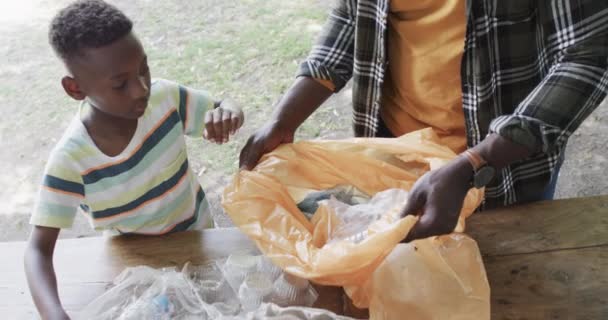 Père Fils Afro Américains Trient Les Matières Recyclables Dans Parc — Video