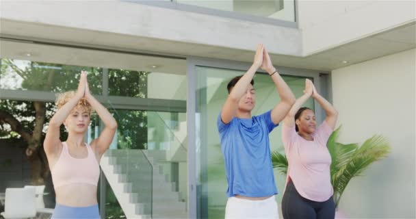 若いアジア人男性と女性は 屋外でヨガを実践しています セリーンホーム設定は 運動中に焦点とリラクゼーションを強化し ゆっくりとした動き — ストック動画
