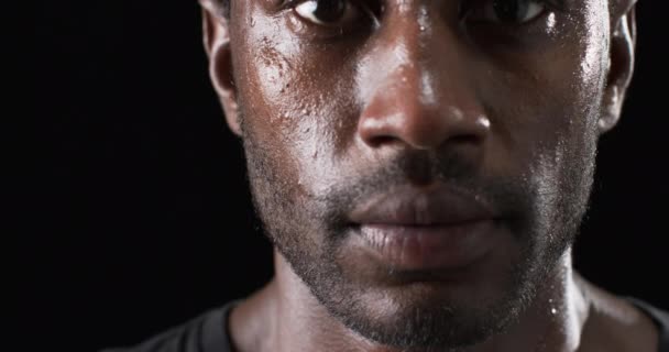 Zbliżenie Twarzy Afroamerykanina Lśniącego Potem Czarnym Tle Jego Intensywne Spojrzenie — Wideo stockowe