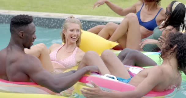 Diverse Group Friends Enjoy Pool Party Share Laughter Good Times — Stock Video