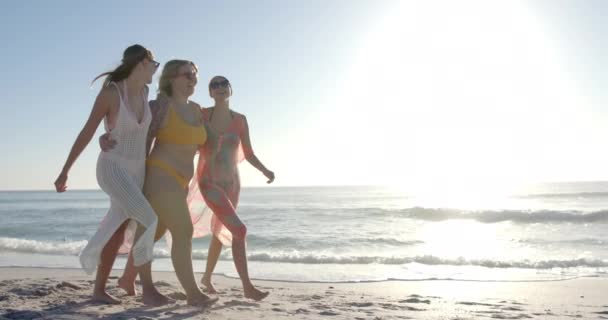 Três Jovens Mulheres Desfrutam Dia Praia Ensolarado Riso Relaxamento Grupo — Vídeo de Stock