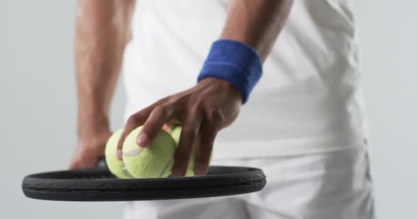 Athlete Preparing Serve Tennis Match Focus Equipment Emphasizes Sport Precision — Stock Video