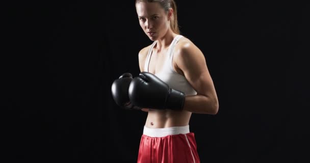 Ung Vit Kvinna Boxare Boxningsutrustning Utgör Tryggt Svart Bakgrund Hon — Stockvideo