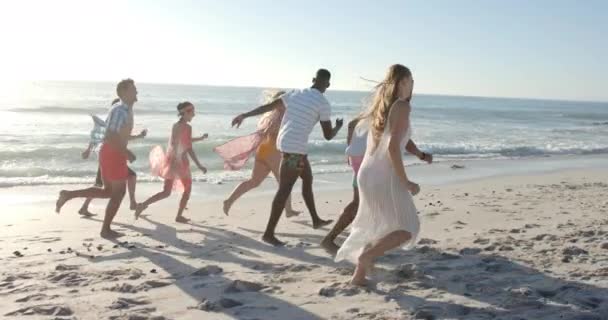Diverse Friends Enjoy Lively Run Beach Group Carefree Spirit Shines — Stock Video