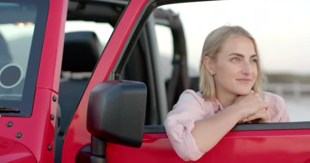 Young Caucasian Woman Leans Car Door Road Trip Copy Space — Stock Video