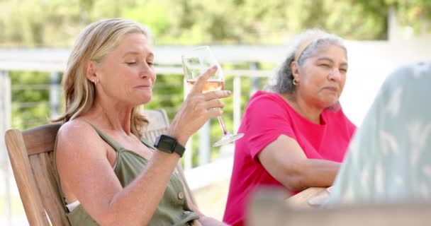 白人とシニアの女性は 晴れた屋外の環境を楽しんでいます 彼らはワインのグラスとリラックスした瞬間を共有しています 友情とレジャーを呼び起こし ゆっくり動き — ストック動画