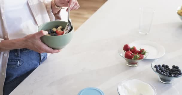 Middle Aged Caucasian Woman Enjoys Healthy Breakfast Home She Prepares — Stock Video