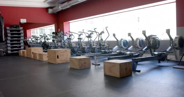 Sală Gimnastică Modernă Rânduri Biciclete Staționare Mașini Canotaj Pasionații Fitness — Videoclip de stoc