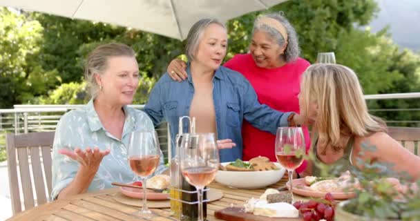 Starsza Zróżnicowana Grupa Kobiet Śmieje Się Spotkania Świeżym Powietrzu Cieszą — Wideo stockowe