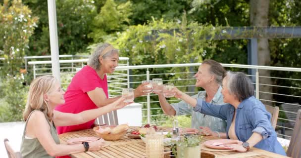 高级不同群体的妇女在户外用餐 与白种人和亚裔朋友一起敬酒 分享欢笑和欢乐时光 慢动作 — 图库视频影像