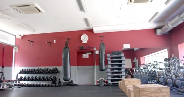 Ett Välutrustat Gym Väntar Fitness Entusiaster Med Kopieringsutrymme Hantlar Boxningssäckar — Stockvideo