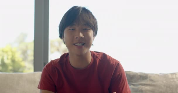 Adolescente Asiático Menino Fala Animatedly Uma Chamada Vídeo Ambiente Doméstico — Vídeo de Stock