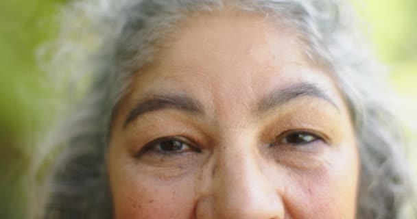 Primer Plano Una Mujer Birracial Mayor Sonriendo Con Los Ojos — Vídeo de stock