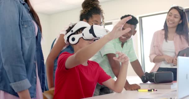 Diverse Students Engage Experience High School Excitement Fills Classroom Technology — Stock Video