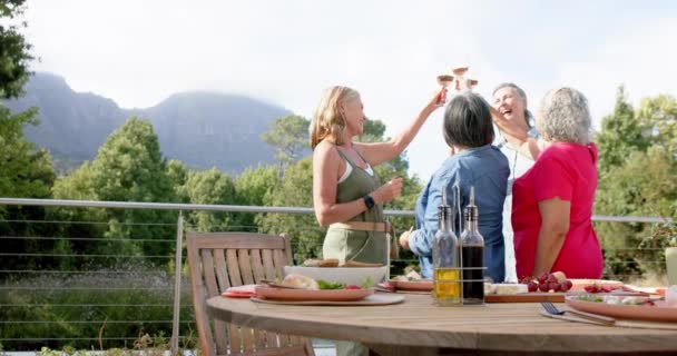 高级多元群体享受户外餐 并有复制空间 笑声和祝酒补充了一个优美的背景 带来愉快的用餐体验 慢动作 — 图库视频影像