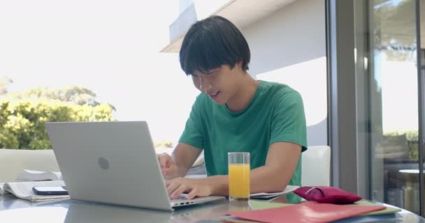Tonårspojken Studerar Laptop Hemma Han Fokuserar Sin Laptop Omgiven Skolarbete — Stockvideo