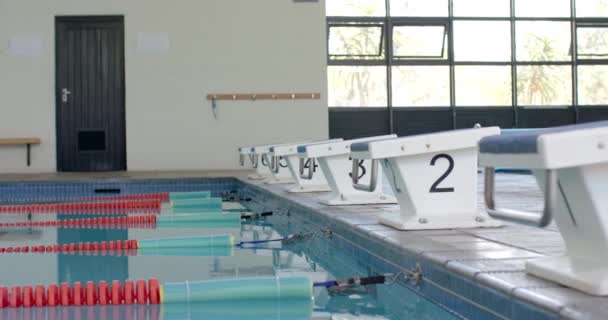 起跑区排在室内游泳池前 准备参加比赛 数字块表示选手在竞争激烈 动作缓慢的环境中的泳道 — 图库视频影像