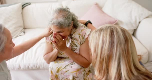 Senior Biracial Woman Sad Comforted Friends Home Caucasian Woman Asian — Stock Video