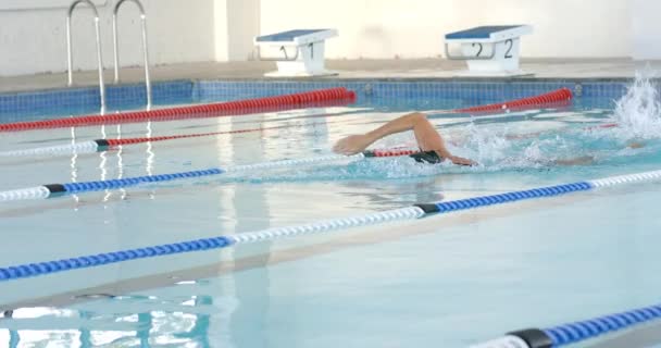 Zwemmer Actie Bij Een Zwembad Met Kopieerruimte Focus Ligt Competitieve — Stockvideo