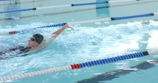 プールで泳ぐ白人女性水泳選手 彼女は屋内水族館で競争力のあるフリースタイルのテクニックを実証しています スローモーション — ストック動画
