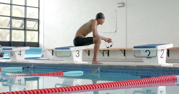Jovem Atleta Birracial Masculino Nadador Prepara Para Mergulhar Uma Piscina — Vídeo de Stock