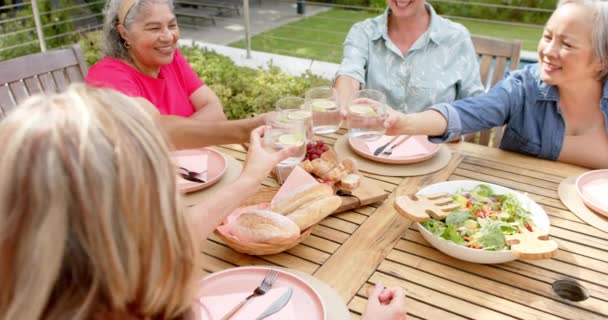 高级不同群体的妇女在户外用餐 他们一起举杯庆祝友谊和美好时光慢动作 — 图库视频影像