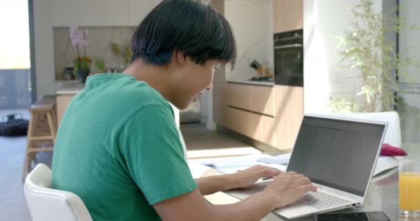 Teenage Asijský Chlapec Zaměřil Jeho Notebook Doma Podílí Line Učení — Stock video