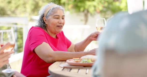 Senior Biracial Woman Enjoys Meal Outdoors Copy Space She Shares — Stock Video
