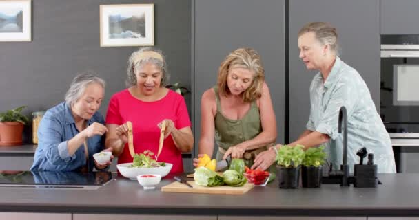Diverso Grupo Mulheres Preparam Uma Refeição Juntas Uma Cozinha Caseira — Vídeo de Stock