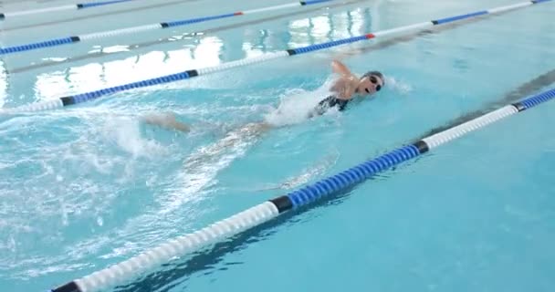 プールで泳ぐ白人女性水泳選手 彼女は競争力のある水泳環境でフリースタイルストロークを実践しています スローモーション — ストック動画