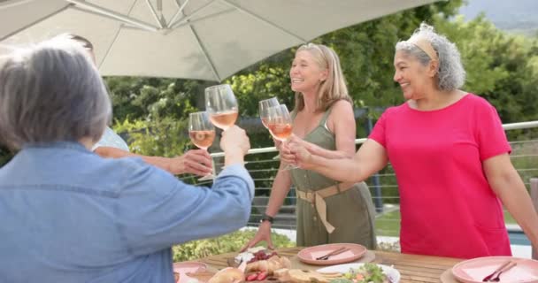 高级不同的女性群体在户外举杯庆祝 朋友们享受一个阳光明媚的日子 分享欢笑和欢乐时光 慢动作 — 图库视频影像