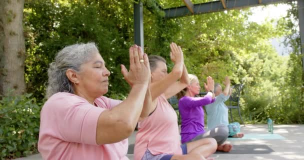 Donna Anziana Birazziale Donne Caucasiche Che Praticano Yoga All Aperto — Video Stock