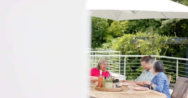 Starsza Zróżnicowana Grupa Gości Posiłek Świeżym Powietrzu Przestrzenią Kopiowania Śmiech — Wideo stockowe