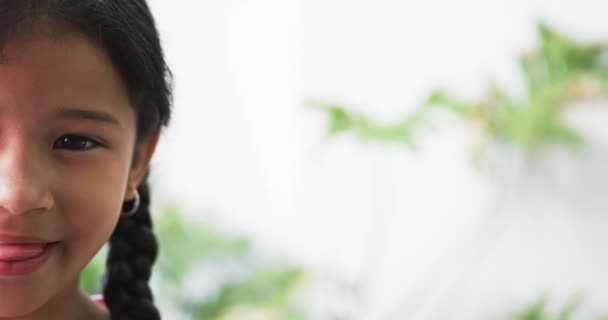 Großaufnahme Eines Birassischen Mädchens Mit Dunklem Geflochtenem Haar Das Spielerisch — Stockvideo