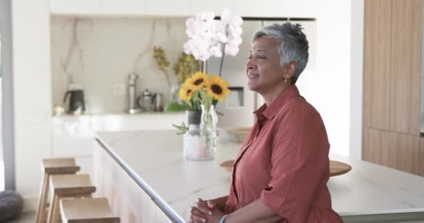 Mujer Biracial Con Pelo Gris Corto Sonríe Una Cocina Moderna — Vídeos de Stock