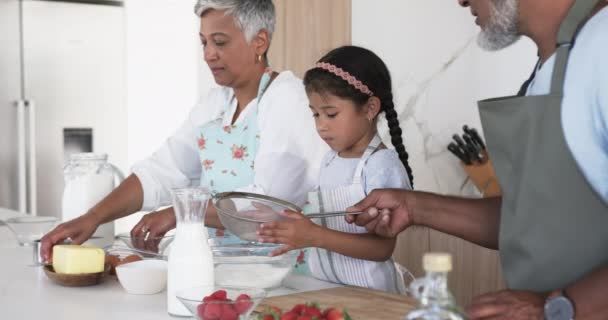 Familia Biracial Cocinando Juntos Una Cocina Luminosa Con Niño Aprendiendo — Vídeo de stock