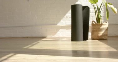 Yoga minderi, güneş ışığında fotokopi alanı olan bir saksı bitkisinin yanında duruyor. Ayarlar egzersiz ya da meditasyon için huzurlu bir ortam olduğunu gösteriyor, yavaş çekim..