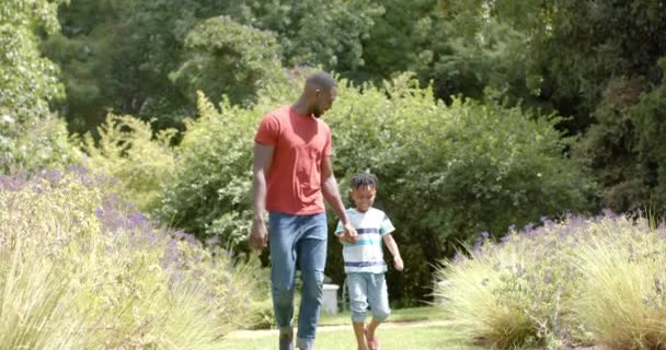Afro Amerikaanse Vader Zoon Lopen Samen Door Een Weelderige Tuin — Stockvideo