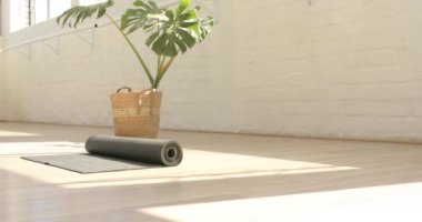 Yuvarlanan bir yoga minderi, yanında yeşil bir bitki ve fotokopi alanı bulunan bir hasır sepetin kullanılmasını bekliyor. Güneş ışığı kapalı alanda huzur içinde yıkanır. Bu da egzersiz ya da meditasyon için sakin bir alan olduğunu gösterir..