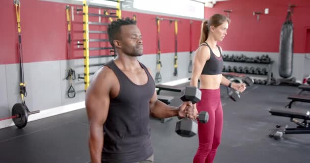 Afroamerikanischer Mann Und Junge Kaukasische Frau Beim Gewichtstemmen Der Turnhalle — Stockvideo