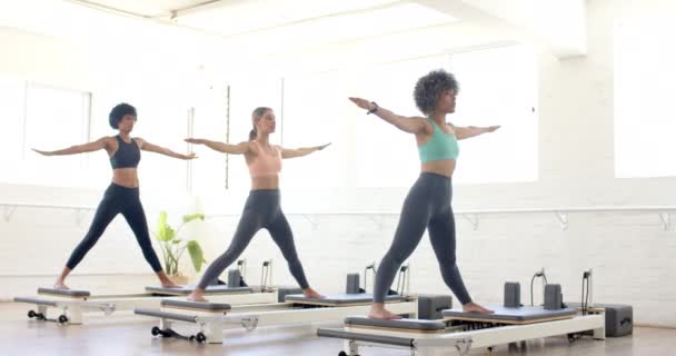 Olika Grupper Kvinnor Praktiserar Pilates Reformatorer Ljus Studio Inställningen Främjar — Stockvideo