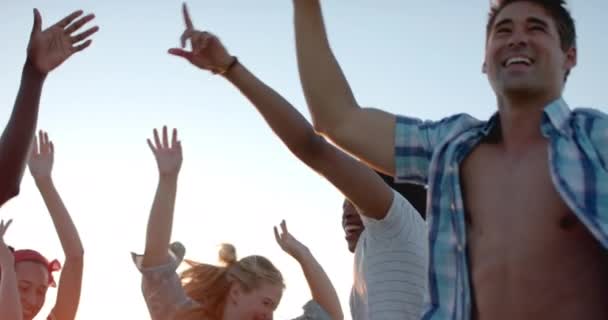 Diverse Vriendengroep Vieren Feest Handen Opsteken Tegen Een Zonsondergang Hemel — Stockvideo