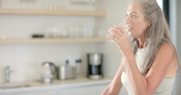 Mature Caucasian Woman Holding Glass Water Copy Space She Has — Stock Video