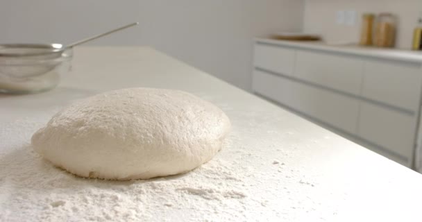 Ball Dough Sits Floured Surface Kitchen Home Bright Kitchen Dough — Stock Video