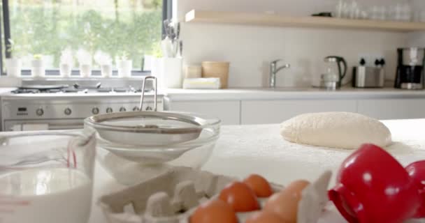 キッチンシーンはベーキング用の食材で展開しています 粉塵の生地は 卵や器具のなかで準備ができており 進行中の料理の創造を暗示し ゆっくりとした動き 変わらない — ストック動画