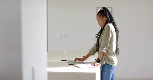 Young African American Woman Working Her Laptop Copy Space Kitchen — Stock Video