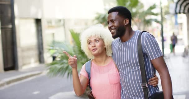 Diverse Couple Enjoying Stroll Together City Break Vacation She Has Stock Footage