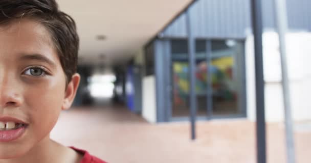 Ένα Σχολικό Διάδρομο Ένας Νεαρός Σημαιοφόρος Μαθητής Χαμογελά Έντονα Χώρο — Αρχείο Βίντεο