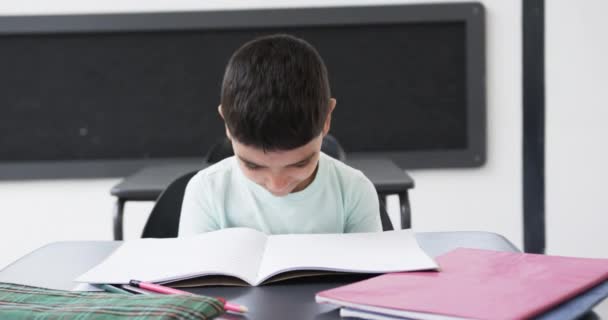 School Classroom Young Caucasian Boy Rests His Head Desk Has — Stock Video