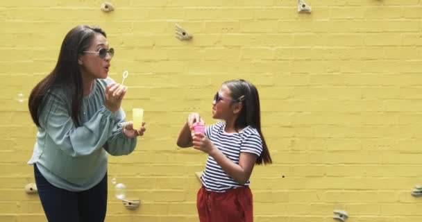 Biracial Matka Dcera Slunečních Brýlích Foukání Bubliny Oba Usmívají Dívka — Stock video
